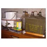 Enamel Pot/Tubs, Ammo Boxes, Knife, Bottles & Tin