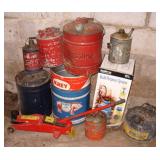 Vtg Oil Cans, Floor Jack, Sprayer, Krey Barrel