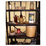 Blk Shelf, Vtg Paint Brushes, Carved Sailboat +