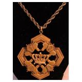 Old Brass Tone Crown Pendant Necklace