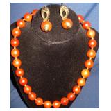Vtg Amber colored beaded necklace & Ear Set