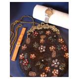 Black Beaded Purse & Vtg Mido Wrist Watch