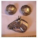 Vtg Sterling Horse Head Pin & Engraved Earrings