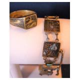 Vtg Asian Brass Bracelet & Ring Set