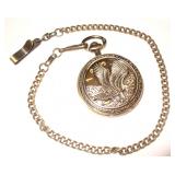 Brushed Gold Pocket Watch with Eagle & Chain