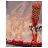 6 Coca-Cola Glasses, Paper Cups, Plastic Runner +