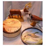 Vtg Tin, Metal Duck Trays, Elk & Bird Carvings