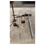 Lot of tools with picks, pulley, axes, snow rake Lot of tools with picks, pulley, axes, snow rake
