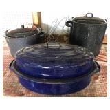 2 Canners & Large Blue Speckled Roaster Pan