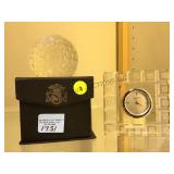 OLEG CASSINI CRYSTAL PAPER WEIGHT& MARQUIS CLOCK