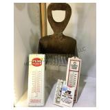 VINTAGE BERRY PICKER & ADVERTISING THERMOMETERS