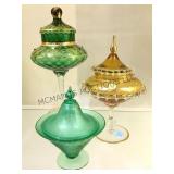 3 ART GLASS COVERED CANDY DISHES, 1-FLORENTINE