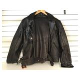 JR BLACK LEATHER JACKET & CHAPS, SIZE MED