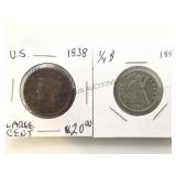1856 SEATED LIBERTY & 1838 LARGE CENT