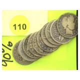 10 BARBER QUARTERS, 90% SILVER