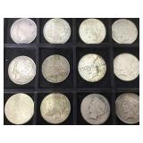 MORGAN & PEACE SILVER DOLLARS, 12 X MONEY