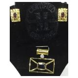 STERLING EARRINGS & PENDANT SET W/ RED GEMSTONES