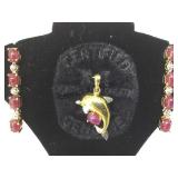 STERLING EARRINGS & PENDANT SET W/ RED& CLEAR GEMS