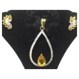 STERLING EARRINGS& PENDANT SET W/ AMBER COLOR GEMS