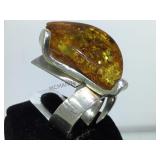 STERLING RING W/ AMBER GEMSTONE, SIZE 9