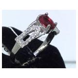 STERLING RING W/ RED & CLEAR GEMS, SIZE 7