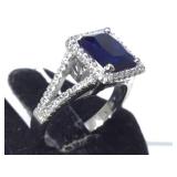 STERLING RING W/ CLEAR & BLUE GEMS, SIZE 6