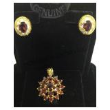 STERLING EARRINGS & PENDANT SET, W/ RED GEMS