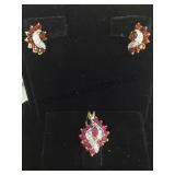 STERLING EARRINGS & PENDANT SET, W/ RED GEMS