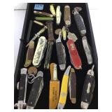 TRAY OF POCKET KNIVES, ELIN OX, SCHRADE & MORE