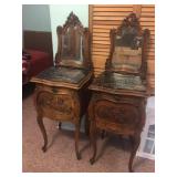 ANTIQUE CARVED PAIR NIGHT STANDS MARBLE TOP