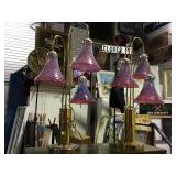 PAIR OF BRASS BASED, 3 CRANBERRY GLASS SHADE LAMPS