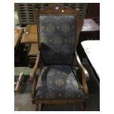 ORNATELY CARVED VINTAGE PADDED SEAT ROCKING CHAIR
