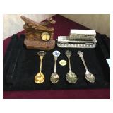 LOT OF 4 SOUVENIR SPOONS AND L.E. TRAIN FIGURINE