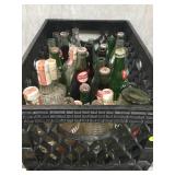 CRATE WITH VINTAGE GLASS BOTTLES, 7UP, DR PEPPER