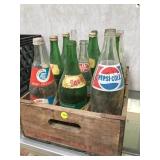 VINTAGE WOODEN PEPSI CRATE WITH ASSORTED BOTTLES