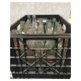 CRATE WITH VINTAGE GLASS BOTTLES, COKE, PEPSI AND