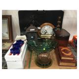 LOT OF HOME DECOR INCL. FAKE BOOKS, GLASS BOWL IN