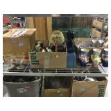 Second shelf assorted figurines, glassware,