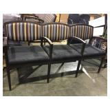 3 seat sectioned striped upholstered wooden bench