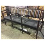 3 seat sectioned striped upholstered wooden bench