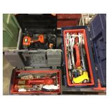 Car top tool boxes with assorted tools, briefcase