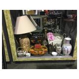 Shelf lot of assorted household Decor, lamp,