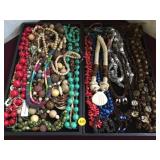 2 trays wood, seed & shell bead fashion jewelry.