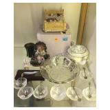 Salt dips w/ spoons, bed full of cats music box &