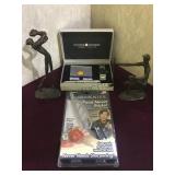 Pair of metal statues, Suisse Technik travel set