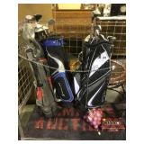 Lot of golf bags with clubs and balls local