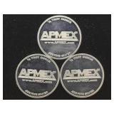 APMEX 1/2 0Z .999 FINE SILVER ROUNDS, 3 X $