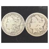 1899-O & 1887-O MORGAN SILVER DOLLARS, 2 X $