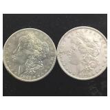 1879-O & 1883-O MORGAN SILVER DOLLARS, 2 X $