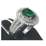 STERLING RING W/ GREEN & CLEAR GEMSTONES, SIZE 7